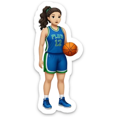 full body plus size light skin  latino women basketball player with wavy dark hair in pony tail wide nose wearing blue uniform with green accent sticker