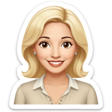 Warm-hearted Linette Torres, Puerto Rican actress in her 50s with light skin, extremely loving expression, bright gentle eyes, sweet welcoming smile, elegant blonde hair, wearing a simple relaxed blouse sticker