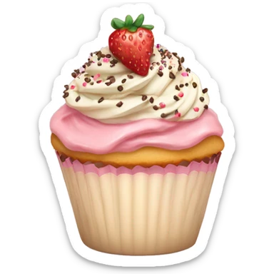 A vanilla cupcake topped with strawberries and chocolate sprinkles, adorned with a cute pastel pink ribbon. sticker