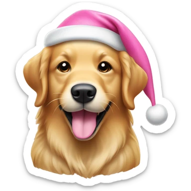 A golden retriever dog with its tongue out, smiling, and wearing a pink Christmas hat. sticker