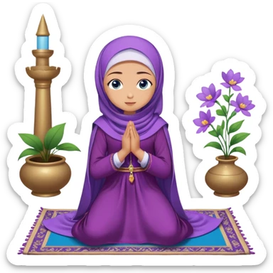 Turkish beautiful finish Konya girl blue eyes with purple flower hijab long tail dress and sits on the pray mat namaz on the ground with dua  sticker