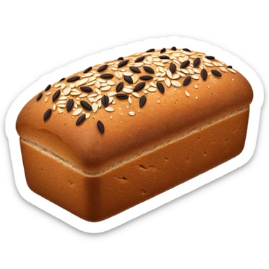 dense rectangular loaf of whole grain bread with dark brown crust, coarse textured surface speckled with seeds, slightly domed matte top, rustic hearty look, one or two thick slices beside it revealing grainy compact crumb, no plate, knife, or extras, soft lighting, subtle shadows, emoji scale sticker
