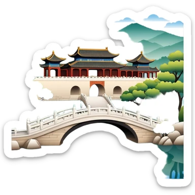 Summer Palace in Beijing with lake and bridge, Chinese garden architecture, emoji style sticker