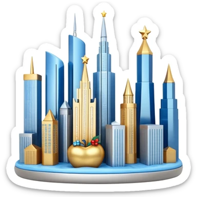 3D emoji of Moscow City business district skyline. A cluster of stylized skyscrapers with different shapes (gold, blue, silver). Decorated with tiny glowing Christmas lights. Soft 3D render, clay and glass textures, Apple aesthetic, isolated on a white background. sticker