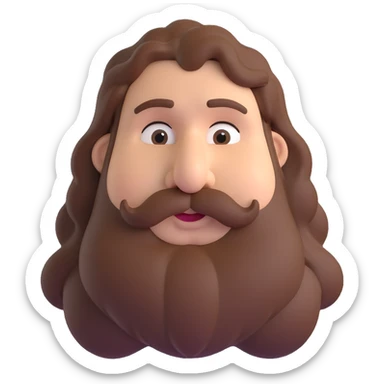 chubby man with brown wavy long hair and a big nose sticker