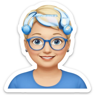 woman 50 years old, very short blonde hair, blue eyes and blue round glasses smile and overweight sticker