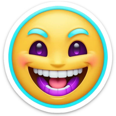 futuristic glowing emoji face laughing wide with glowing teeth, purple and cyan neon light, dark background sticker