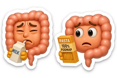 emoji stile iphone di un intestino che beve latte e ha un espressione di dolore e un intestino che guarda un pacco di pasta con la scritta "100% FODMAP" SULL'ETICHETTA CON ESPRESSIONE CONFUSA, iperrealistico 4k, isolato su sfondo bianco sticker