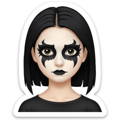Crea una ragazza con stile black metal,  paint face black metal, capelli neri mossi dalle spalle e occhi bianchi sticker