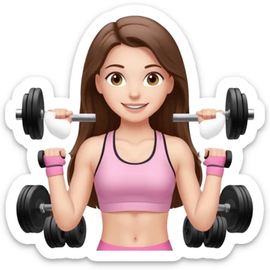 happy white long brunette hair girl with hazel eyes in light pink workout clothes at the gym sticker