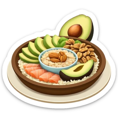 plato con comida variada granos aguacate rebanado salmon nueces arroz

 sticker