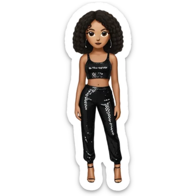 Solange with long dark brown hair, black sequin crop top, black sequin pants sticker
