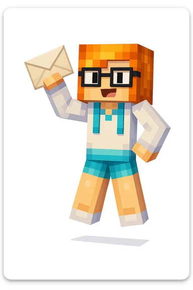 Add a letter in the character's hand, keeping the original Minecraft cartoon style and pose exactly the same. Only add the letter, do not change anything else. sticker