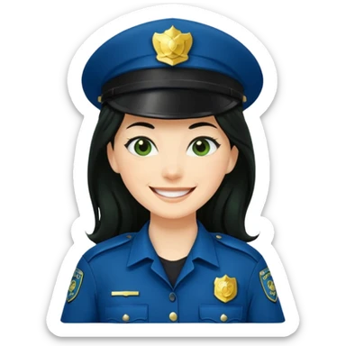 Female POLICE IN green, long black hair, happy smile sticker