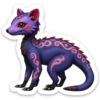 Rare warm-colored exotic gloomy tropical edgy cute epic aesthetic spooky indigo violet white black red gothic colorful Salandit-Noibat-Civet-species-Fakemon-hybrid-creature, with tribal tattoo markings, full body sticker