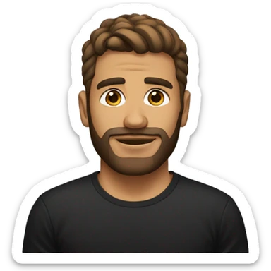 A man with gold earring on the left ear, brown hairs, short beard, mid tan skin, with black tee shirt  sticker