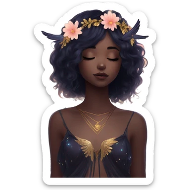 Black Raven wings bohemian girl Ethereal galaxy constellation girl angel raven wings black wings, gold arrow, nebula, flower crown, fairy lights, iridescent sticker