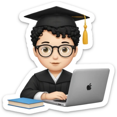 A baby boy DEVELOPER WITH A laptop, black curly hair and topknot, wearing glasses and a mortarboard sticker
