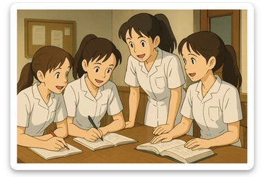 Quatre étudiants infirmiers, style Ghibli, en intérieur, travaillant ensemble. Uniformes blancs à manches courtes, tuniques col en V, poche poitrine à gauche, avant-bras nus, sans stéthoscopes ni pied de col, cheveux longs attachés. Interaction et collaboration évidentes, ambiance professionnelle et amicale. sticker