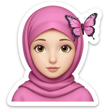 apple style emoji of a girl with a pink hijab styled fashionably, butterfly hairclips on both sides, ASMR creator theme, soft and calming vibe sticker