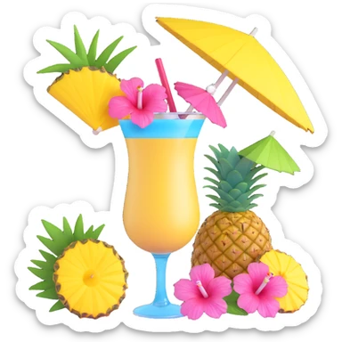 a pineapple and a vibrant tropical fruity blue cocktail with hibiscus, pineapple slice, and paper umbrella garnish sticker