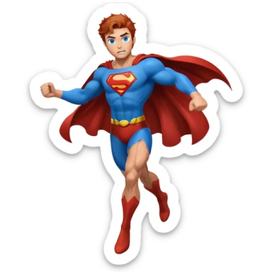 flying superman，full body, blue eyes, redish brownish messy hair sticker