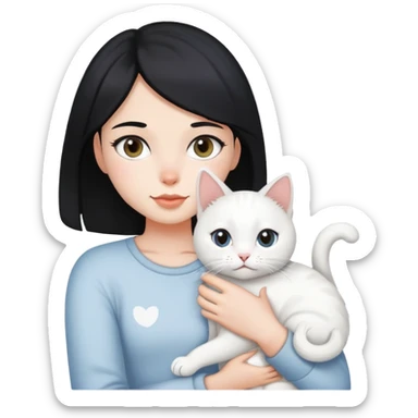 A black hair girl holding a white cat with grey spot sticker