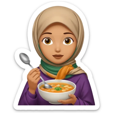 a woman wearing a pashmina hijab is eating while holding a spoon sticker
