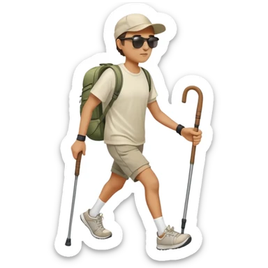Persona haciendo senderismo, con mochila, short, tenis, playera, lentes de sol, sombrero de tennis con un bastón en la mano caminando sticker