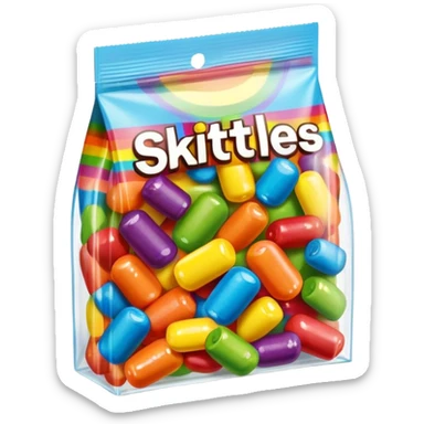 A Skittles candy package with multiple pieces of transparent tape holding it closed, rainbow colored packaging, minimalist style sticker