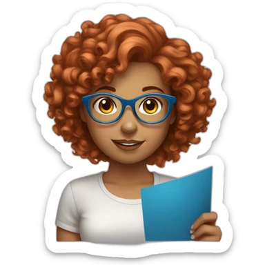 pretty girl with curly copper hair and blue glasses holding a big banner sticker