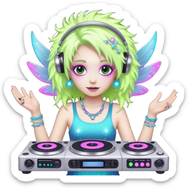  hard-techno-rave-fairy,-holding-a-dj-turntable,-wild-hair,-neon-sparkles,-minimal-background sticker