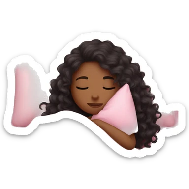 Dark hair girl with long curly hair sleeping with pink blanket and cute pillow sticker