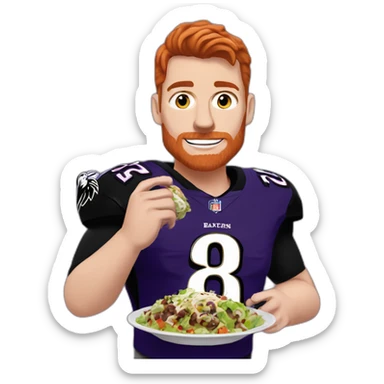 a beardless red haired young man in a ravens jersey eating a chipotle burrito bowl sticker