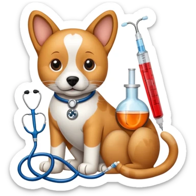 An icon featuring a stethoscope, a paw print, and a syringe, symbolizing veterinary medicine. The design includes a dog and a cat, alongside medical tools, representing animal care, diagnosis, and treatment. Transparent background highlights the science of animal health and well-being. sticker