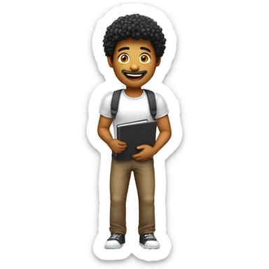 Homem sorrindo com notebook as pernas não devem aparecer, cabelo crespo e preto pequeno sem pelo facial estilo cartoon 3d jovem sticker