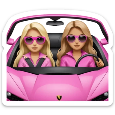 Add sunglasses Make car far away so I can see full car Car facing forward in sports car. Make hair long  two girls in car far away Front of car sitting in the seats. Make it a pink sports car. They are two baddies make it a Lamborghini pink car  sticker