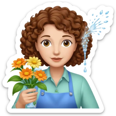 Older female florist – curly hair, spraying water on fresh flowers sticker