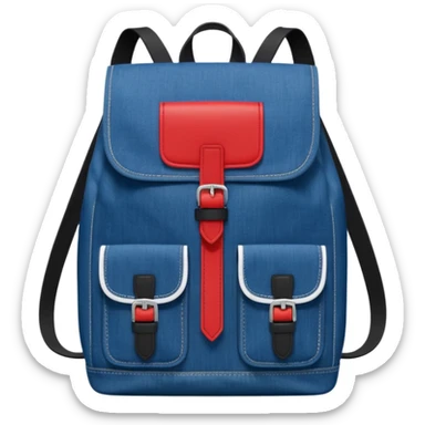 Minimalist emoji-style icon of a stylish blue denim backpack with a flap top, two vertical black buckle straps, a large red-white-navy horizontal block in the center, and two zipper side pockets. Inspired by Tommy Jeans design. Front view, cartoon-like, clean design.

 sticker