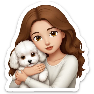A beautiful olive skinned girl with long brown hair, hugging a white bichon frise sticker