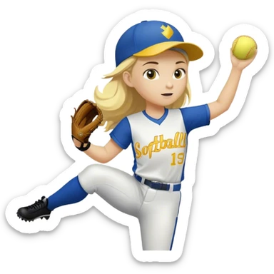 Blonde softball player wearing blue and yellow pitching softball sticker