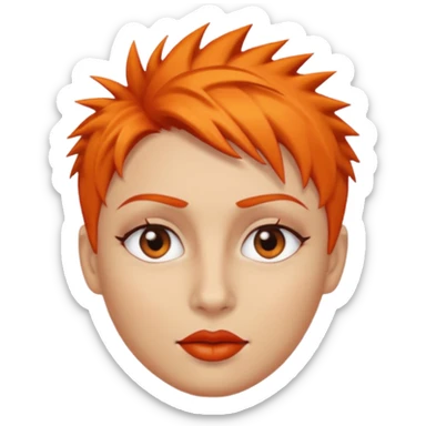 A person emoji with light skin, short spiky orange hair swept to one side, matching orange eyebrows, brown eyes, an oval-shaped face, a small nose, and dark lipstick. sticker