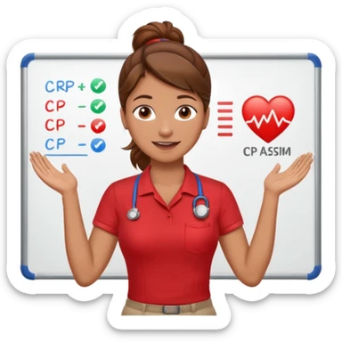 Happy instructor female brown hair whit board hair up red shirt add CPR to white board sticker