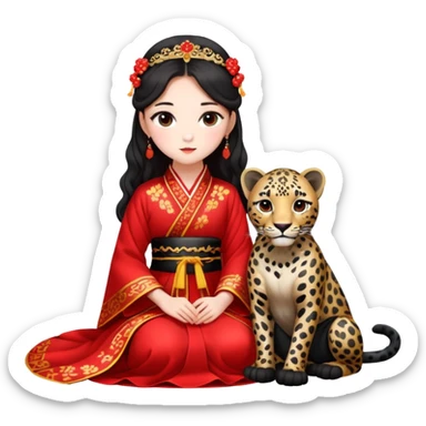 A beautiful girl in red Hanfu wedding dress sits on the ground holding a black leopard sticker