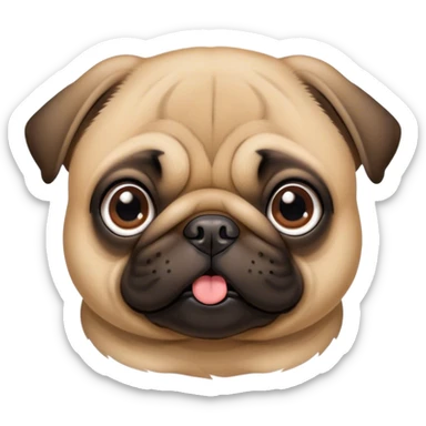 Cinematic Cute Fawn Pug Portrait Emoji, Head tilted playfully and inquisitively, featuring a smooth fawn coat with a subtle sheen, round, sparkling dark eyes filled with curiosity, Simplified yet irresistibly adorable features, highly detailed, glowing with a warm, friendly glow, high shine, affectionate and lively, stylized with a touch of whimsy, bright and endearing, soft glowing outline, capturing the essence of a mischievous yet loving pup, so playful it feels like it could bounce out of the screen and into your arms! sticker