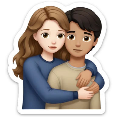 girl with long light brown hair and pale skin hugging a boy with short black wavy hair and tanned skin sticker