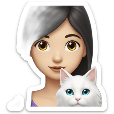 A girl with long dark hair and on her left shoulder and neck lies a white fluffy cat with eyes of different colors sticker