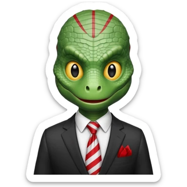 A reptilian humanoid dressing a suit, striped red and white tie, human emoji style, his face is seriously and sarcastic sticker