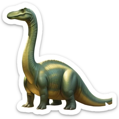 Beautiful and Majestic Brachiosaurus Portrait Emoji, Head and body resting in serene repose with a gentle, confident expression, showcasing its monumental, elongated neck and a small, refined head with tranquil eyes, Simplified yet exquisitely endearing features, highly detailed, glowing with a soft, drowsy golden light, high shine, relaxed and utterly majestic, stylized with an air of timeless prehistoric splendor, soft glowing outline, capturing the essence of a beautiful and majestic Brachiosaurus that feels destined to become the next viral icon of awe-inspiring ancient beauty! sticker