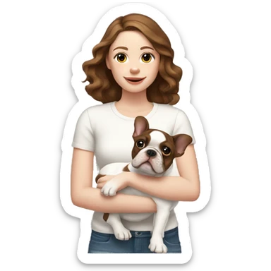 pale white skinned girl with medium brown wavy hair holding a brown and white french bulldog puppy  sticker